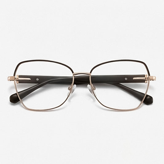 Eyeglasses with a gold frame on a light gray background