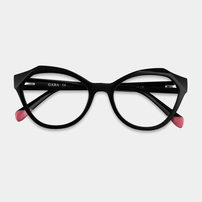 A pair of black eyeglasses with red accents on the arms, branded with 'gaba' on the side.