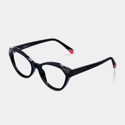 A pair of black eyeglasses with red accents on the arms, branded with 'gaba' on the side.