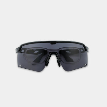 A pair of black sunglasses with a plastic frame and metal temples.