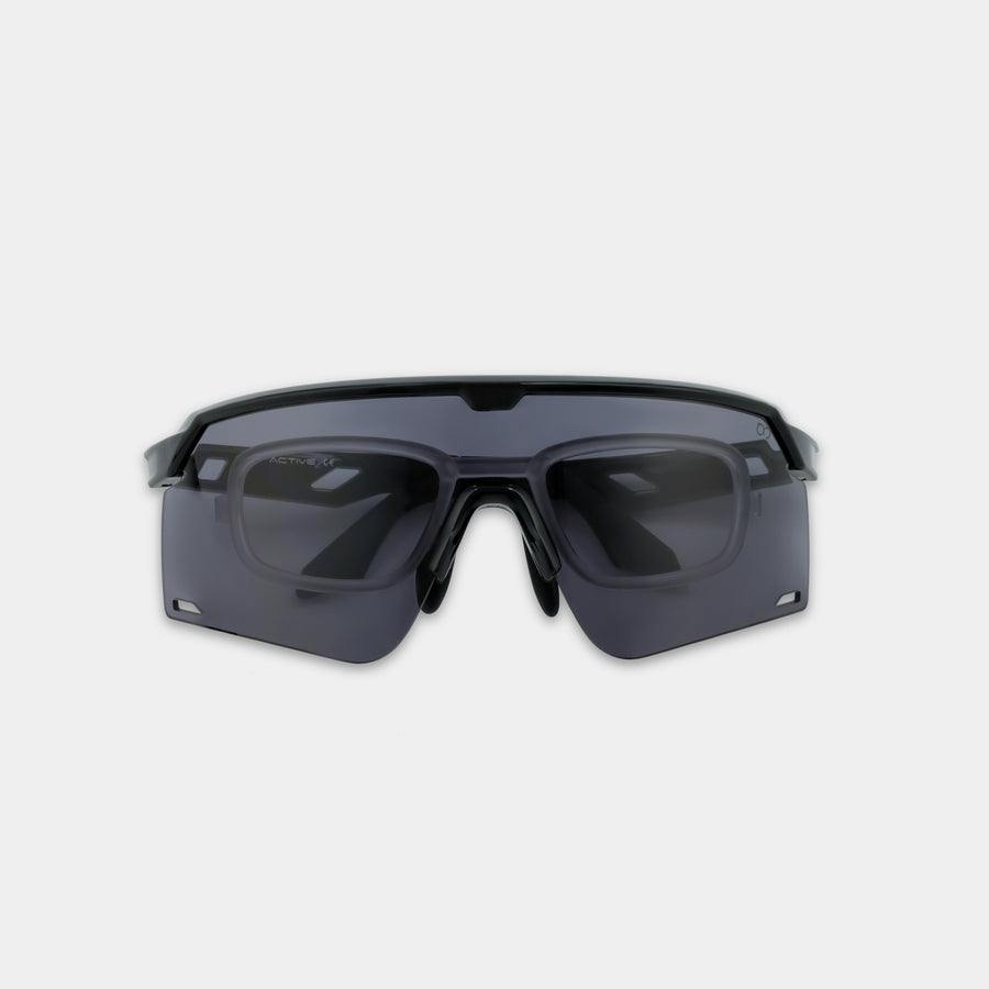 A pair of black sunglasses with a plastic frame and metal temples.