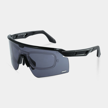 A pair of black sunglasses with a plastic frame and metal temples.