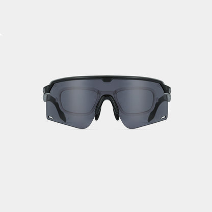 A pair of black sunglasses with a plastic frame and metal temples.