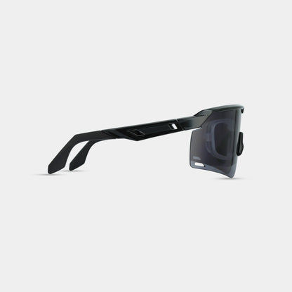 A pair of black sunglasses with a plastic frame and metal temples.