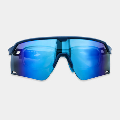 A pair of blue sunglasses with a plastic frame and metal temples.