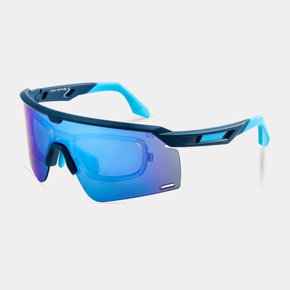 A pair of blue sunglasses with a plastic frame and metal temples.