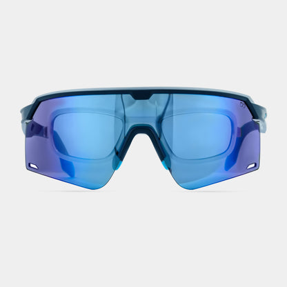 A pair of blue sunglasses with a plastic frame and metal temples.