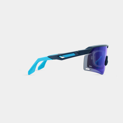 A pair of blue sunglasses with a plastic frame and metal temples.
