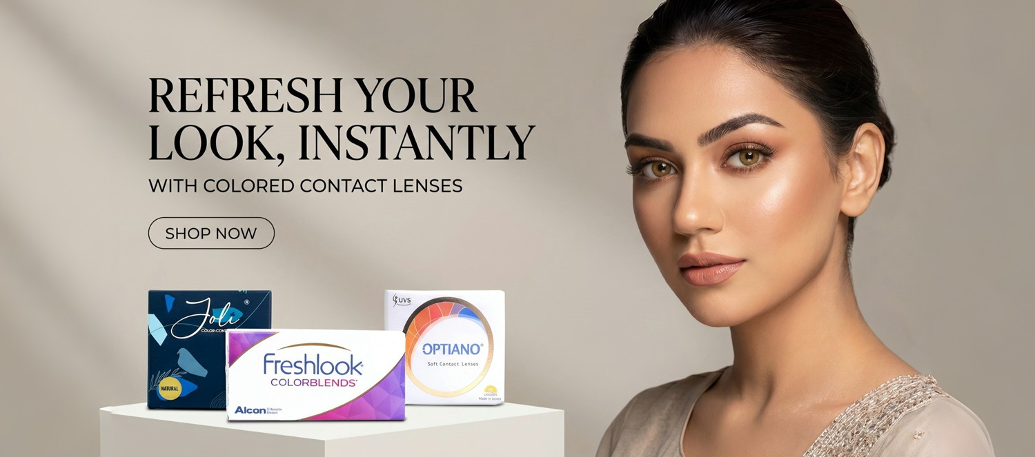 Advertisement for colored contact lenses with a woman and product packaging on a neutral background