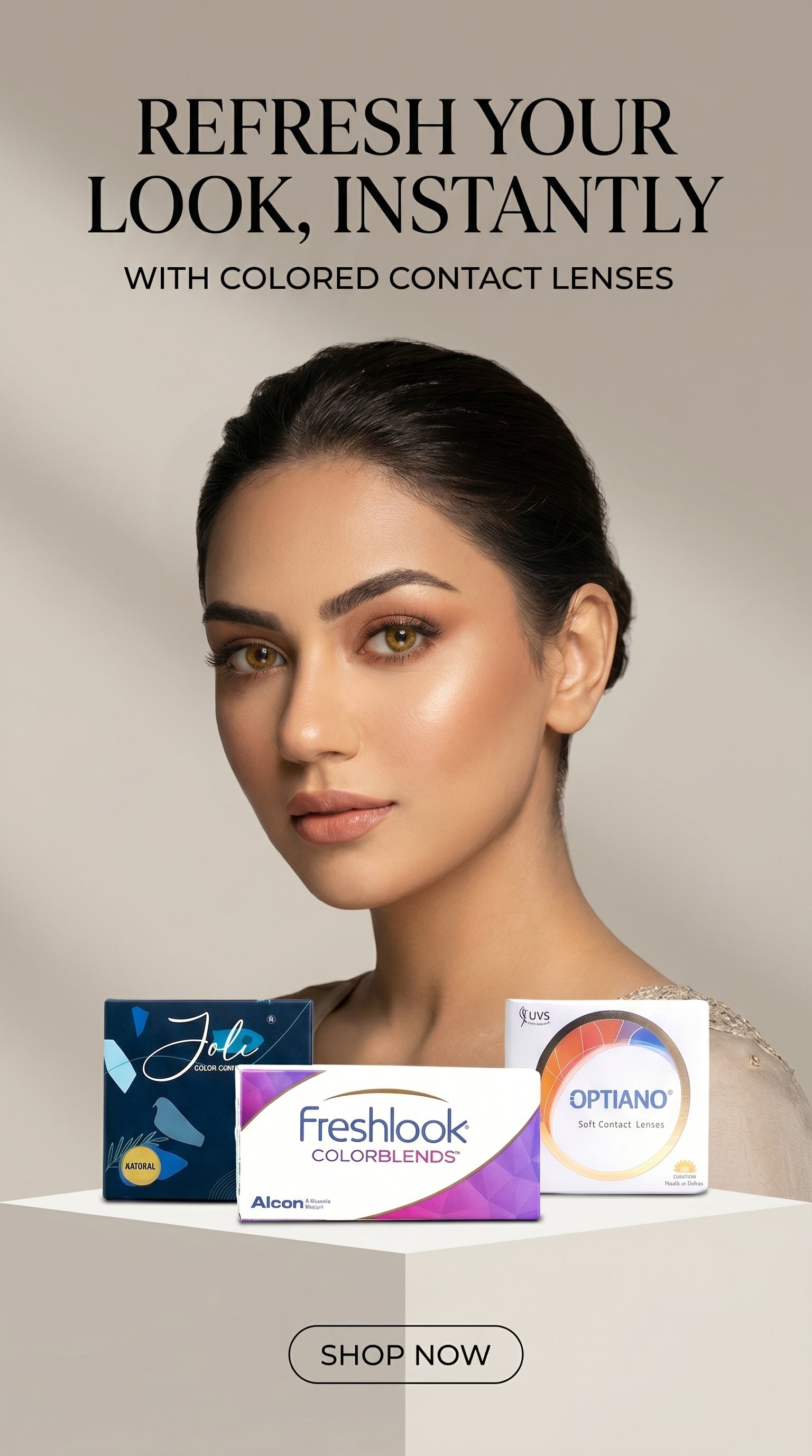 Advertisement for colored contact lenses with a woman's face and lens boxes on a neutral background.